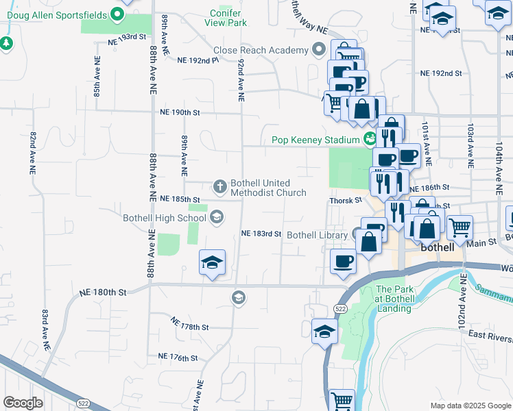 map of restaurants, bars, coffee shops, grocery stores, and more near 9218 Northeast 184th Place in Bothell