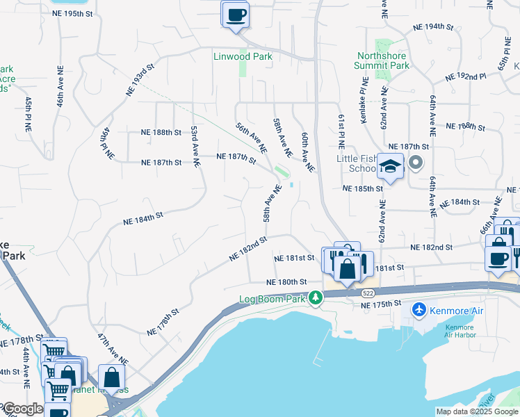 map of restaurants, bars, coffee shops, grocery stores, and more near 18227 58th Avenue Northeast in Kenmore