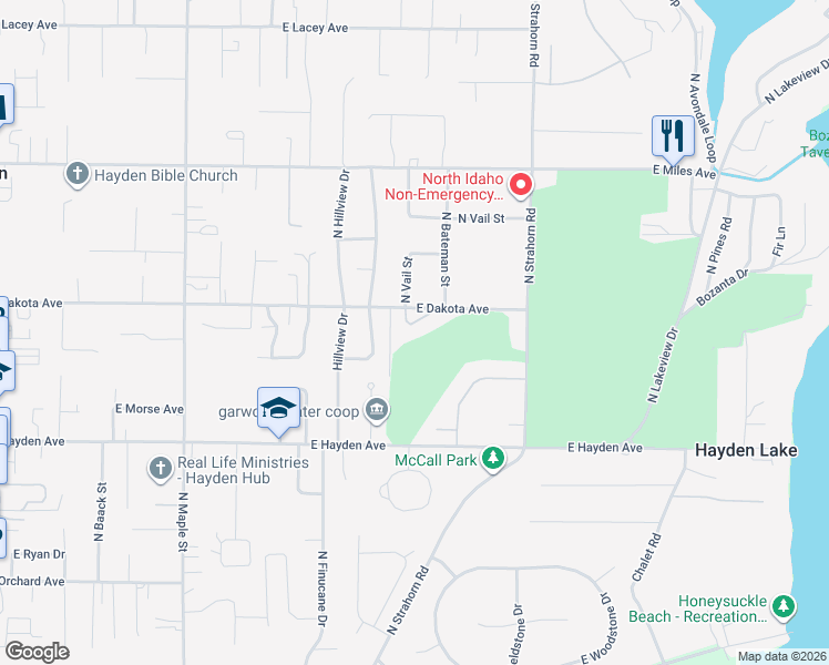 map of restaurants, bars, coffee shops, grocery stores, and more near 1336 East Hofmeister Court in Hayden Lake