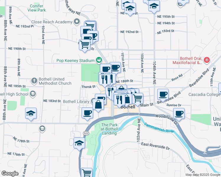 map of restaurants, bars, coffee shops, grocery stores, and more near 18505 Bothell Way Northeast in Bothell