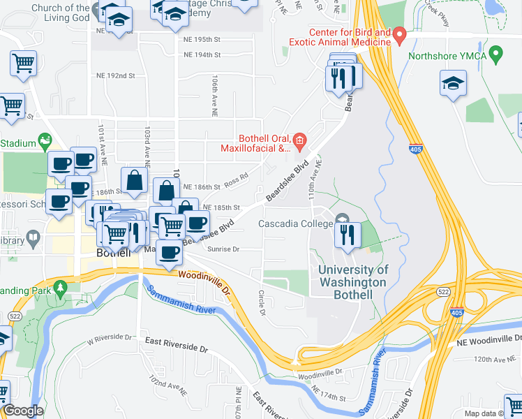 map of restaurants, bars, coffee shops, grocery stores, and more near in Bothell