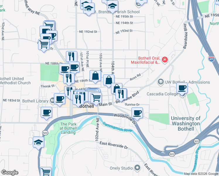 map of restaurants, bars, coffee shops, grocery stores, and more near in Bothell