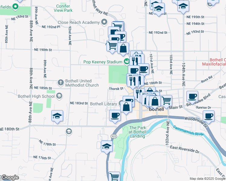 map of restaurants, bars, coffee shops, grocery stores, and more near 18323 98th Avenue Northeast in Bothell