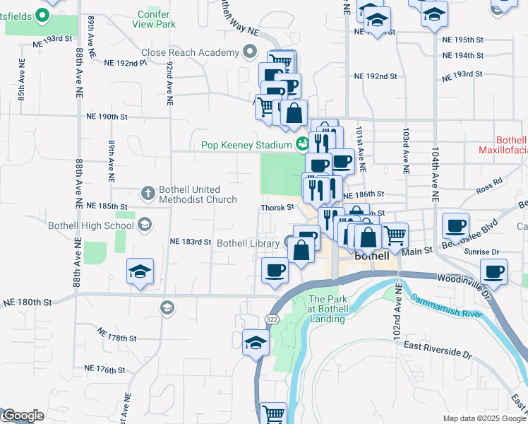 map of restaurants, bars, coffee shops, grocery stores, and more near 18309 96th Avenue Northeast in Bothell