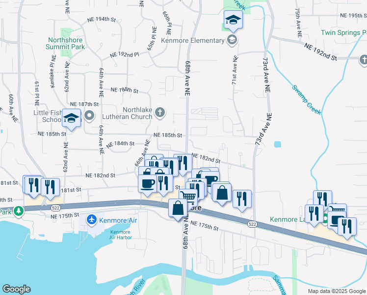 map of restaurants, bars, coffee shops, grocery stores, and more near 6741 Northeast 182nd Street in Kenmore