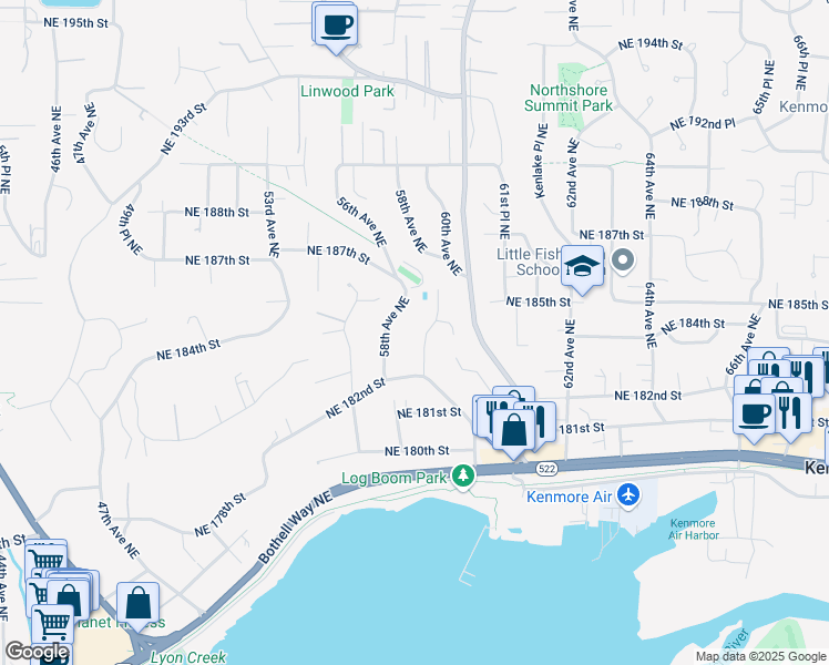 map of restaurants, bars, coffee shops, grocery stores, and more near 18219 60th Avenue Northeast in Kenmore