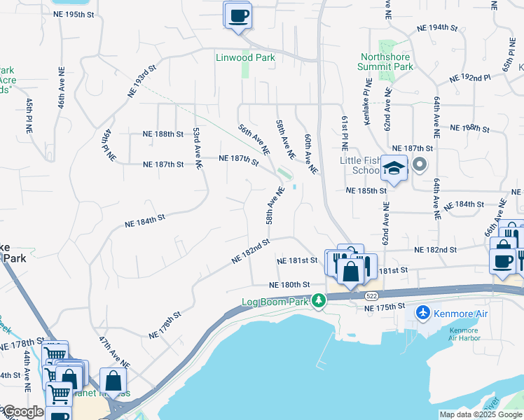 map of restaurants, bars, coffee shops, grocery stores, and more near 18227 58th Avenue Northeast in Kenmore