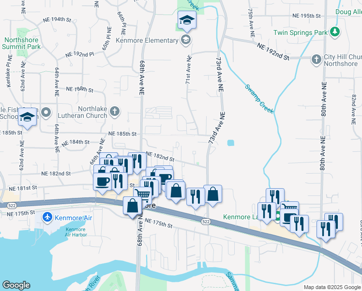 map of restaurants, bars, coffee shops, grocery stores, and more near 18240 70th Lane Northeast in Kenmore