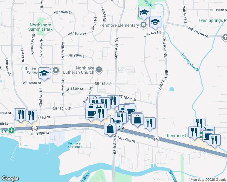 map of restaurants, bars, coffee shops, grocery stores, and more near 6741 Northeast 182nd Street in Kenmore
