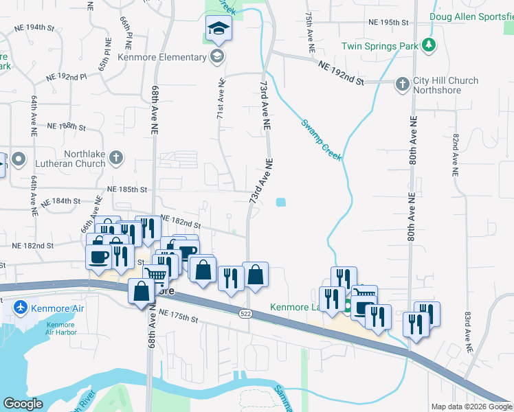 map of restaurants, bars, coffee shops, grocery stores, and more near 18244 73rd Avenue Northeast in Kenmore