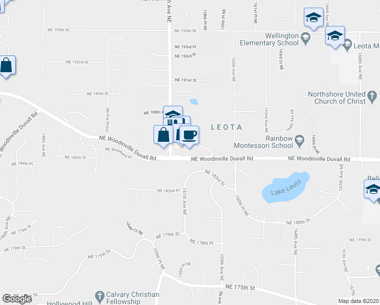 map of restaurants, bars, coffee shops, grocery stores, and more near 15608 Northeast Woodinville Duvall Road in Woodinville