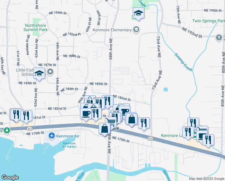 map of restaurants, bars, coffee shops, grocery stores, and more near 18226 68th Avenue Northeast in Kenmore