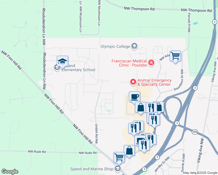map of restaurants, bars, coffee shops, grocery stores, and more near 21890 Northwest Monterey Loop in Poulsbo