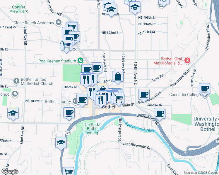 map of restaurants, bars, coffee shops, grocery stores, and more near 18410 101st Avenue Northeast in Bothell