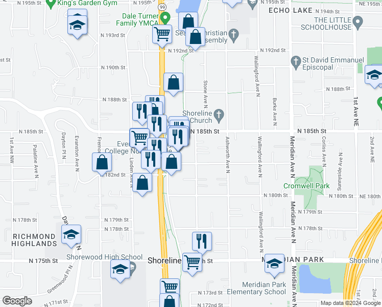 map of restaurants, bars, coffee shops, grocery stores, and more near 18302 Stone Avenue North in Shoreline