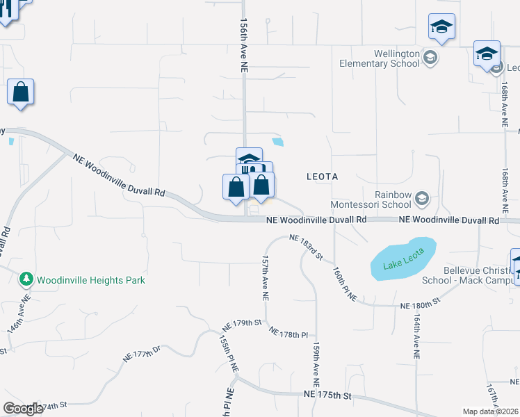 map of restaurants, bars, coffee shops, grocery stores, and more near NE Woodinville Duvall Rd in King