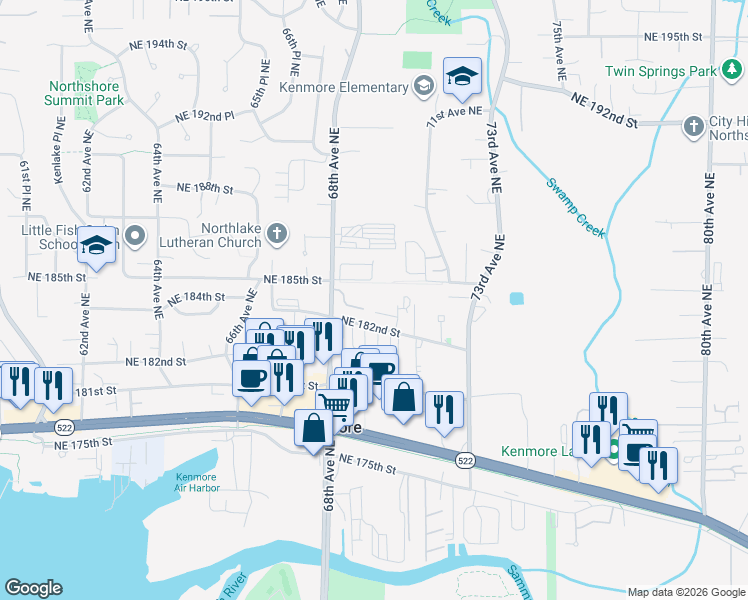 map of restaurants, bars, coffee shops, grocery stores, and more near 6901 Northeast 184th Lane in Kenmore