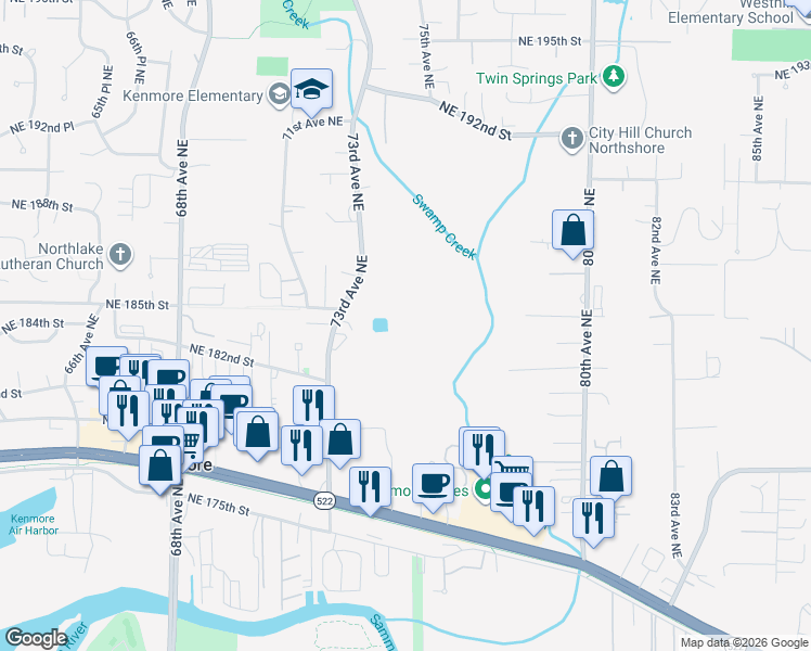 map of restaurants, bars, coffee shops, grocery stores, and more near 18424 73rd Avenue Northeast in Kenmore