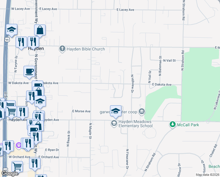 map of restaurants, bars, coffee shops, grocery stores, and more near 762 East Cozy Acres Lane in Hayden