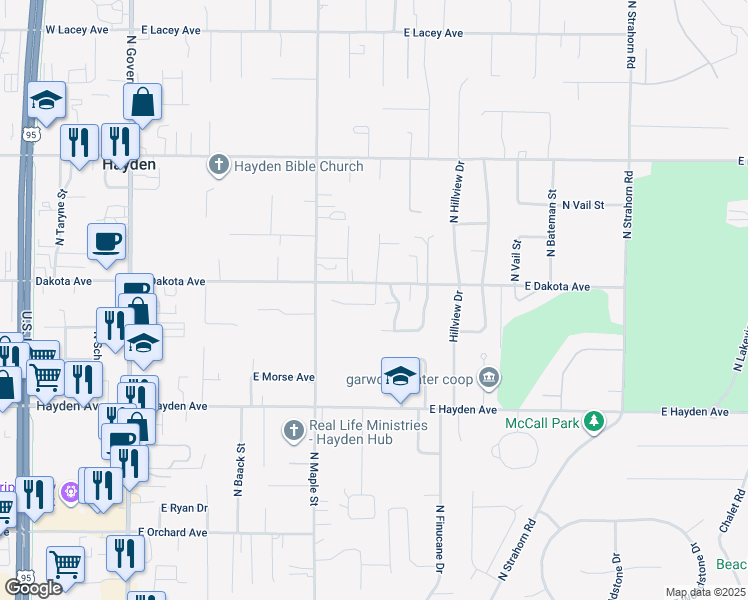 map of restaurants, bars, coffee shops, grocery stores, and more near 762 East Cozy Acres Lane in Hayden