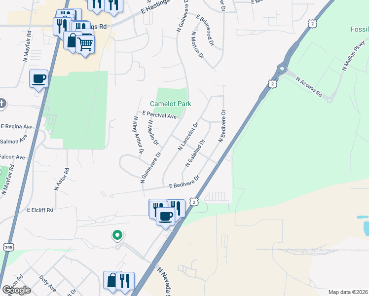 map of restaurants, bars, coffee shops, grocery stores, and more near 11420 North Lancelot Drive in Spokane
