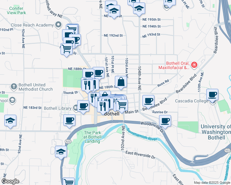 map of restaurants, bars, coffee shops, grocery stores, and more near in Bothell