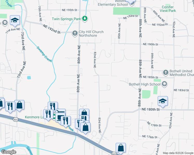 map of restaurants, bars, coffee shops, grocery stores, and more near 18321 83rd Avenue Northeast in Kenmore