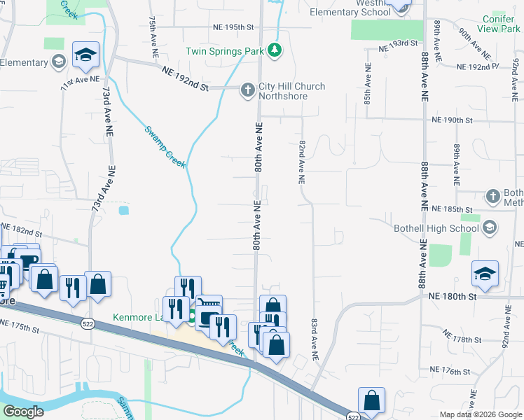 map of restaurants, bars, coffee shops, grocery stores, and more near 18310 80th Avenue Northeast in Kenmore