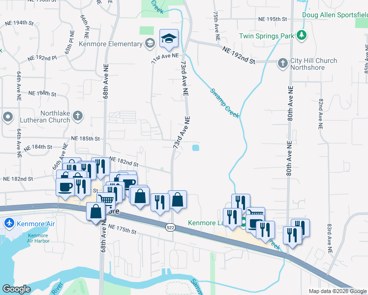 map of restaurants, bars, coffee shops, grocery stores, and more near 18244 73rd Avenue Northeast in Kenmore