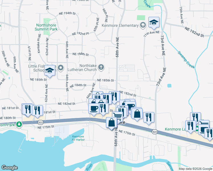 map of restaurants, bars, coffee shops, grocery stores, and more near 6641 Northeast 182nd Street in Kenmore