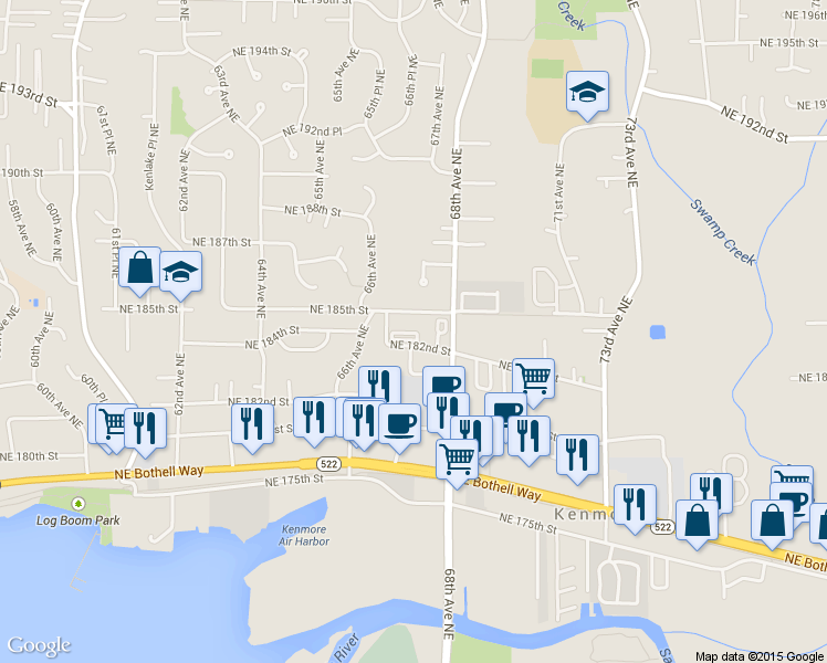 map of restaurants, bars, coffee shops, grocery stores, and more near 6700 Northeast 182nd Street in Kenmore