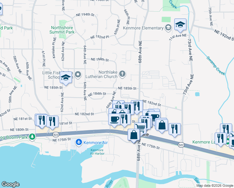 map of restaurants, bars, coffee shops, grocery stores, and more near 18242 66th Avenue Northeast in Kenmore