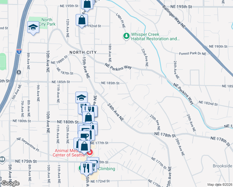 map of restaurants, bars, coffee shops, grocery stores, and more near 18232 24th Avenue Northeast in Shoreline