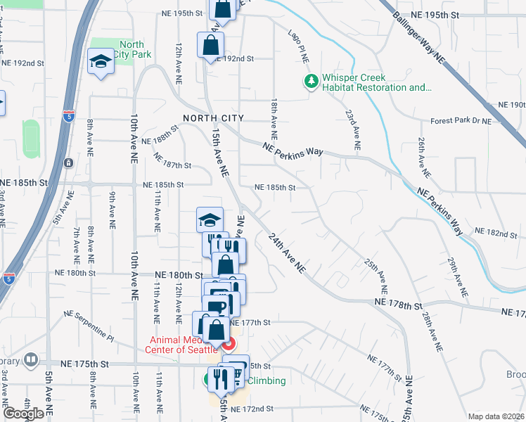 map of restaurants, bars, coffee shops, grocery stores, and more near 18251 24th Avenue Northeast in Shoreline
