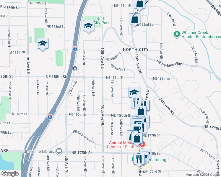 map of restaurants, bars, coffee shops, grocery stores, and more near 18305 11th Avenue Northeast in Shoreline
