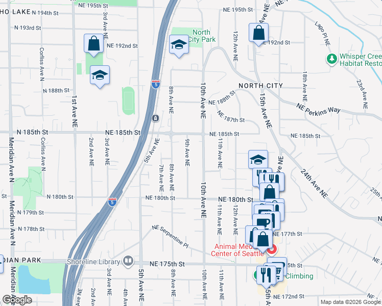 map of restaurants, bars, coffee shops, grocery stores, and more near 18067 9th Avenue Northeast in Shoreline