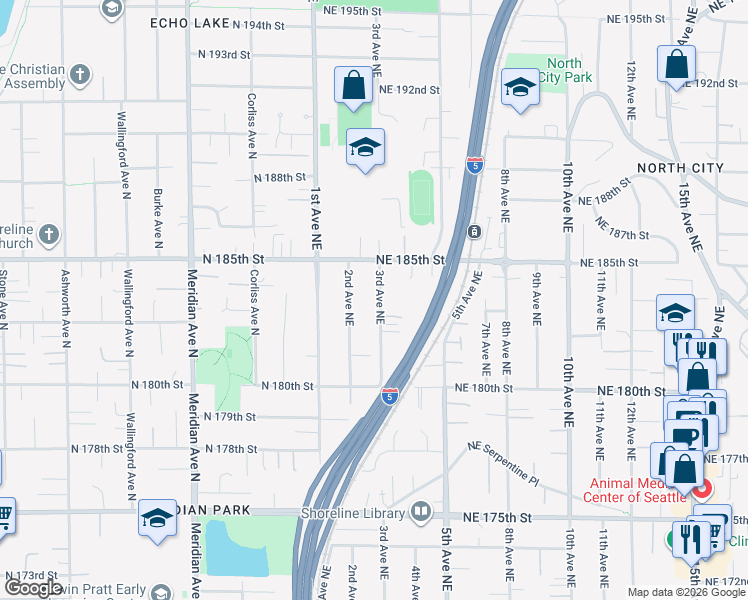 map of restaurants, bars, coffee shops, grocery stores, and more near 18304 3rd Avenue Northeast in Shoreline