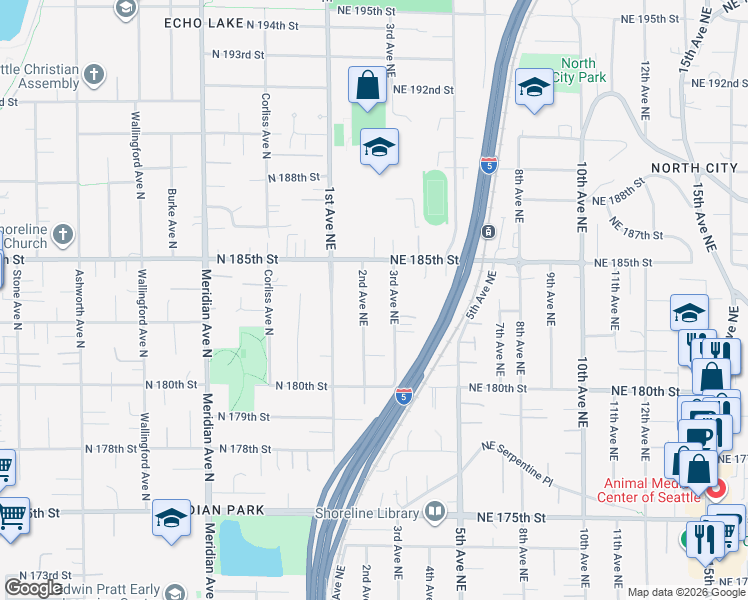 map of restaurants, bars, coffee shops, grocery stores, and more near 18304 2nd Avenue Northeast in Shoreline