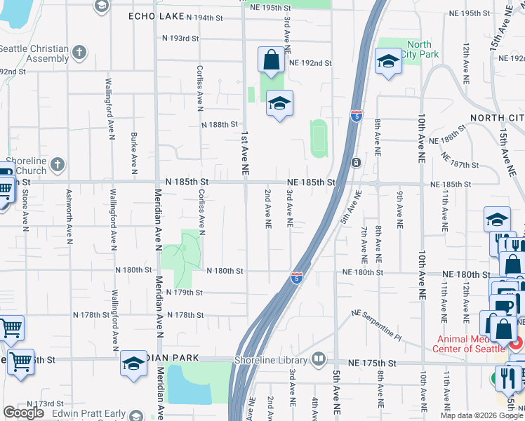 map of restaurants, bars, coffee shops, grocery stores, and more near 18304 2nd Avenue Northeast in Shoreline