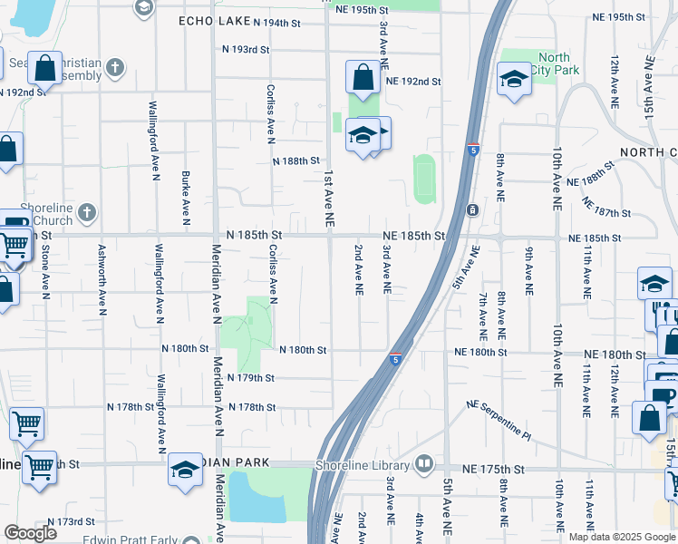 map of restaurants, bars, coffee shops, grocery stores, and more near 18304 1st Avenue Northeast in Shoreline