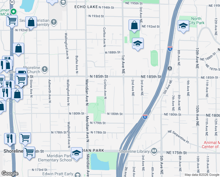 map of restaurants, bars, coffee shops, grocery stores, and more near 18305 Sunnyside Avenue North in Shoreline