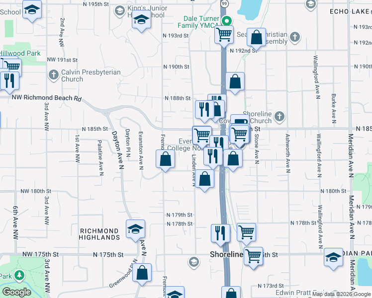 map of restaurants, bars, coffee shops, grocery stores, and more near 18225 Linden Avenue North in Shoreline