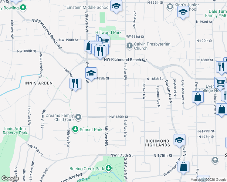 map of restaurants, bars, coffee shops, grocery stores, and more near 327 Northwest 183rd Street in Shoreline