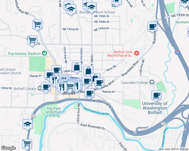 map of restaurants, bars, coffee shops, grocery stores, and more near 10416 Northeast 185th Street in Bothell