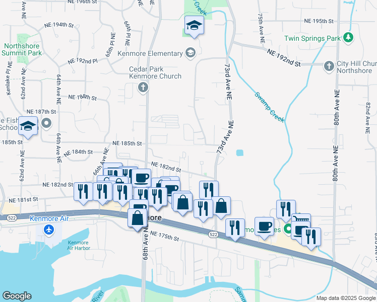 map of restaurants, bars, coffee shops, grocery stores, and more near 18255 73rd Avenue Northeast in Kenmore