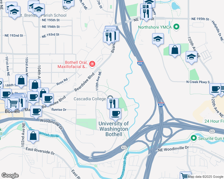 map of restaurants, bars, coffee shops, grocery stores, and more near North Creek Trail in Bothell