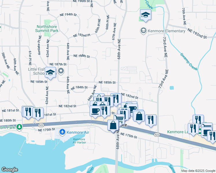 map of restaurants, bars, coffee shops, grocery stores, and more near 6700 Northeast 182nd Street in Kenmore