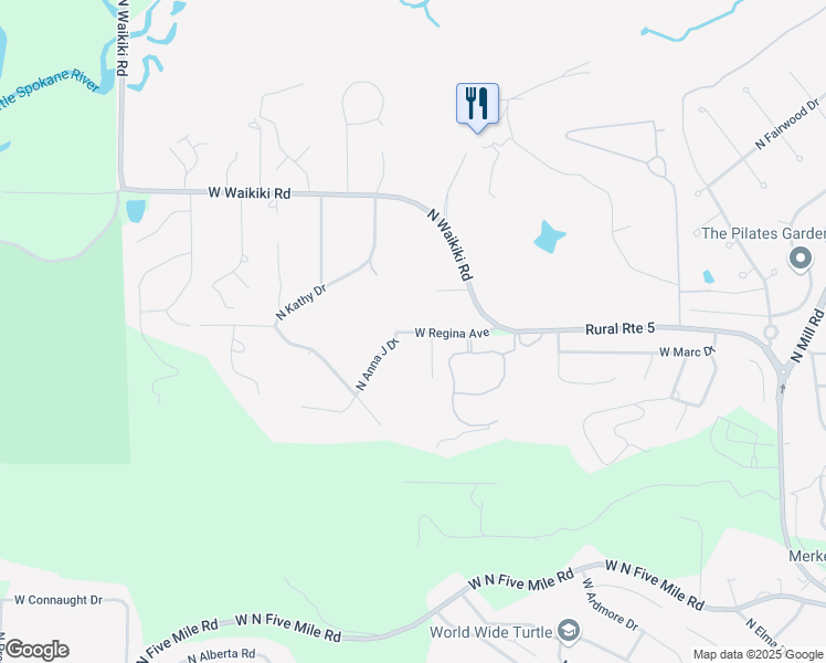 map of restaurants, bars, coffee shops, grocery stores, and more near 11407 North Orchard Lane in Spokane