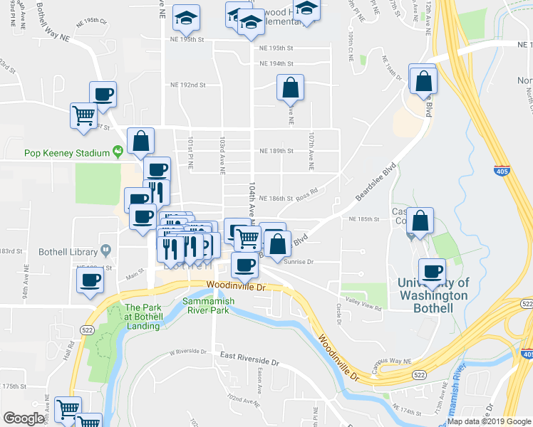 map of restaurants, bars, coffee shops, grocery stores, and more near 10419 Northeast 185th Street in Bothell