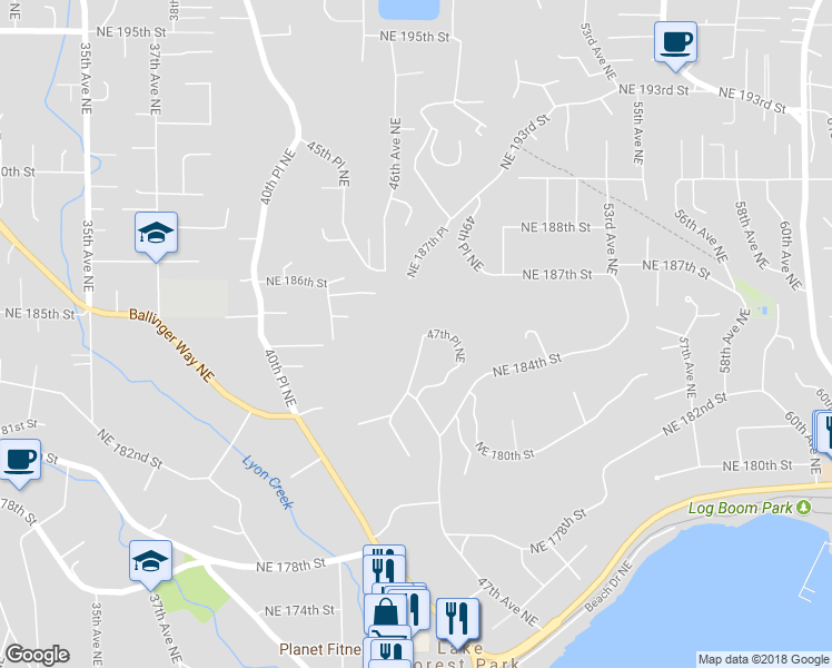 map of restaurants, bars, coffee shops, grocery stores, and more near 18464 47th Place Northeast in Lake Forest Park